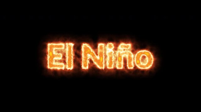 El Nino burning text animation with glowing flames, 4K motion graphic with alpha channel