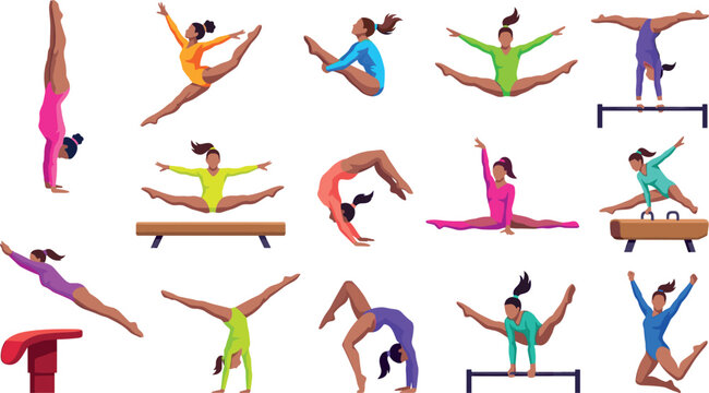 Artistic Gymnastics Female Athlete Vector Set Featuring Diverse Women Performing Handstands, Splits, Balance Beam Routines, Vault Jumps, and Uneven Bars Sports Competitions