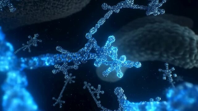 Glowing blue molecular structures drift through a dark microscopic environment. Scientific education, biotechnology presentations, and medical research media.