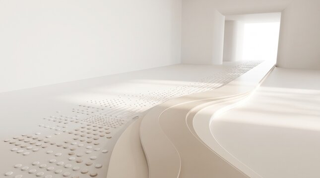 Abstract white interior with tactile floor patterns and soft natural light.