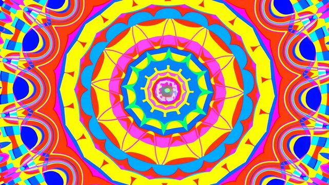Kaleidoscopic geometric patterns morph across a colorful abstract digital space. Festival screen content, motion graphics, and title sequence.