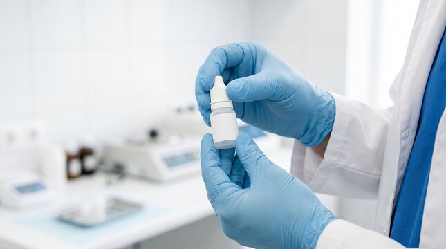 Medical eye drops bottle inspection by doctor in blue gloves. Healthcare professional holding medication in clinical laboratory. Pharmacy product quality check. Clinical testing and pharma research