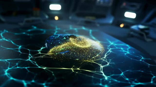 Futuristic computer mouse with glowing particles on a digital network surface. Technology presentations, artificial intelligence education, and cybersecurity advertising.