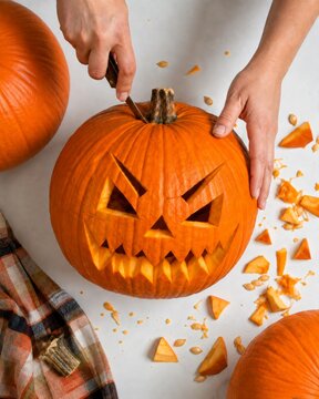 Hands carving an angry jack-o'-lantern pumpkin for Halloween