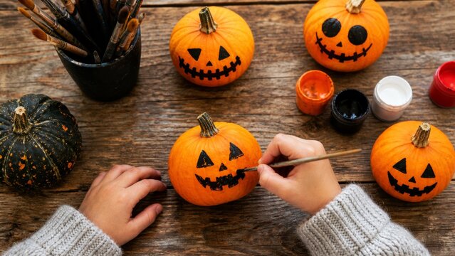 Hand painting jack-o'-lantern faces on mini pumpkins for Halloween decor