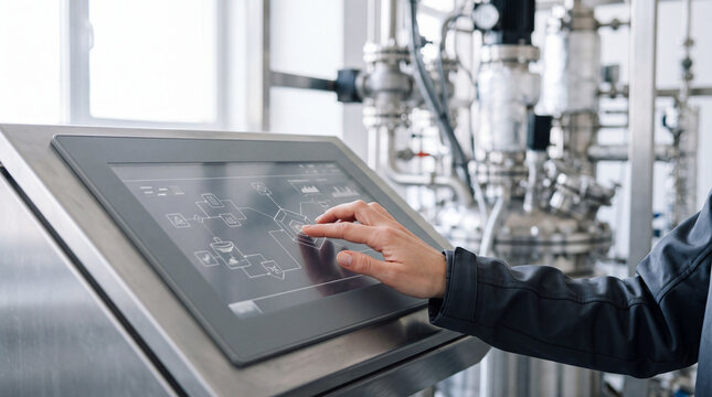 Operator using touchscreen control panel to monitor industrial automation and production processes