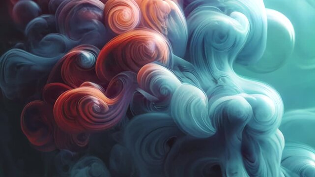 Animation with organic shapes and spherical objects enveloped by smoky textures. Bright blue and orange flashes give the scene the effect of a fantastic cosmos