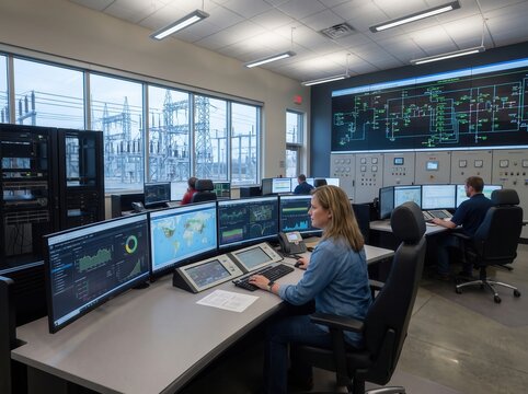 Operators monitoring grid load and transformer status in a power-grid control room