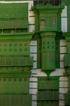 Detail of wooden mashrabiya balconies, Mecca province, Jeddah, Saudi Arabia
