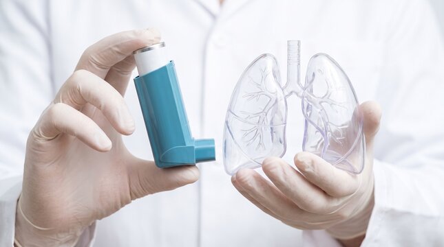 Asthma inhaler and human lung anatomical model in hands of medical doctor. Respiratory health care and treatment concept photo. Pulmonology clinic and pharmaceutical medicine presentation