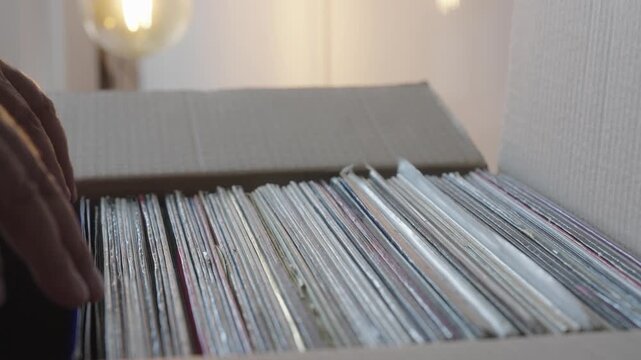 Hands Browsing Vinyl Record Collection in Cardboard Box