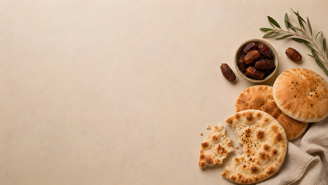 Traditional pita bread and dates on beige background. Middle Eastern food flat lay with copy space. Ramadan iftar meal concept.