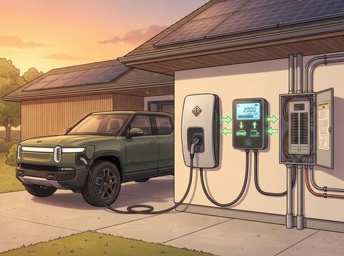 Electric pickup truck connected to a bidirectional home EV charger and electrical panel