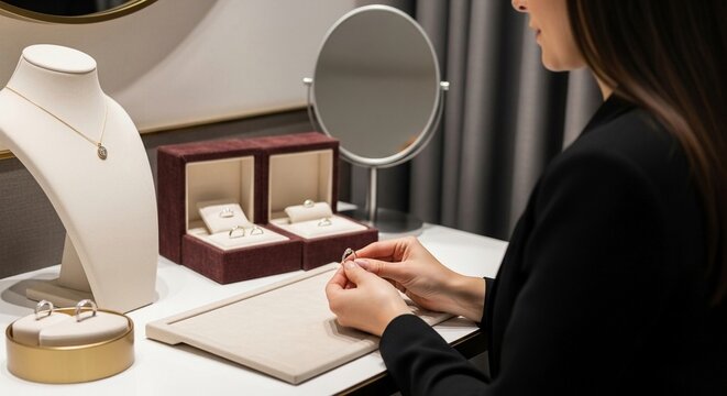 Luxury jewelry consultant examining a diamond ring in a consultation setting with elegant display cases and a mirror