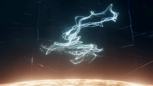 Luminous particle dragon is flying. Fantasy game trailer, cinematic opener, and entertainment title sequence.