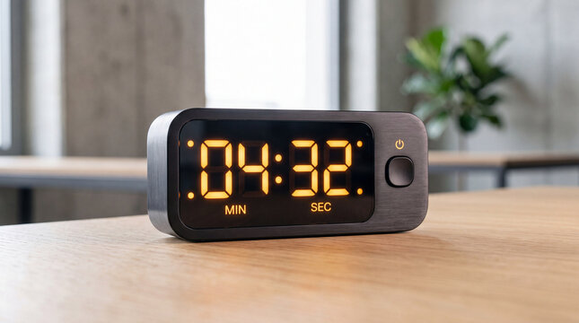 Modern digital countdown timer on desk for time management, productivity and pomodoro focus sessions
