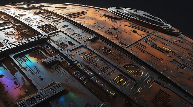 Futuristic metallic space station surface with complex geometric panels and industrial details