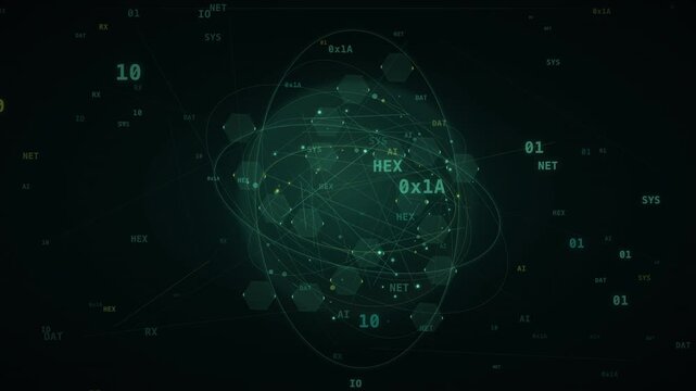 Abstract digital animation of green data particles and hexagonal lattice structures for cyber security concepts.