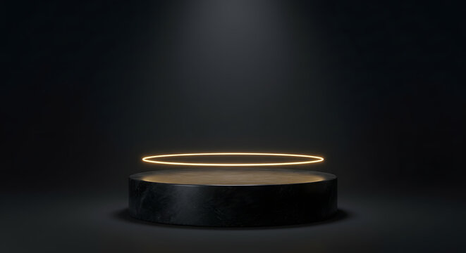 Cylindrical Black Marble Podium with Glowing Golden Halo Light and Large Copy Space  - Minimalist Luxury Product Showcase