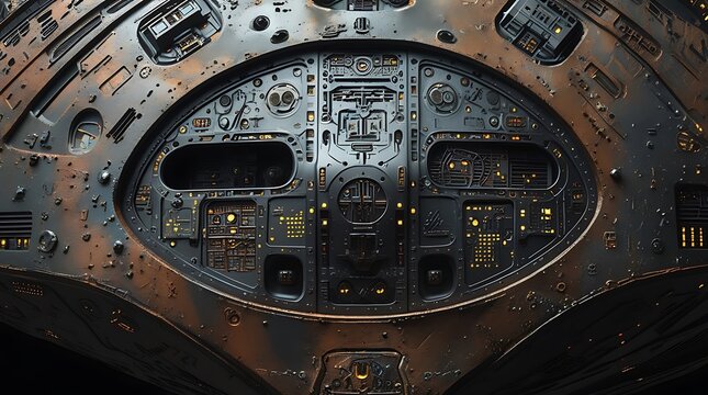 Intricate circular metallic portal structure with dark industrial surface panels sci fi mechanical