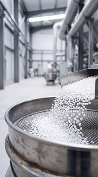 Industrial factory production line pouring white plastic pellets into stainless steel sieve for manufacturing