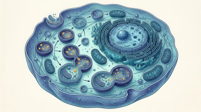 Original scientific microscopic artwork illustrating intracellular waste recycling, a large cell containing multiple lysosome-like spherical compartments processing varied molecular particles,