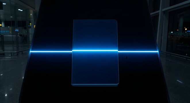 Biometric Passport Scanner Concept with Glowing Blue Light Beam for Digital ID Verification