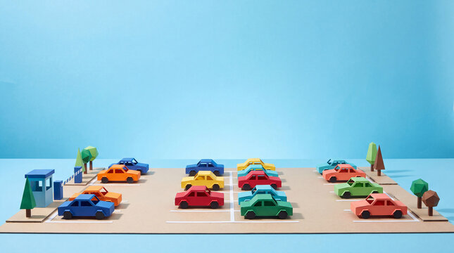Paper craft parking lot full of colorful miniature cars near toll booth barrier gate