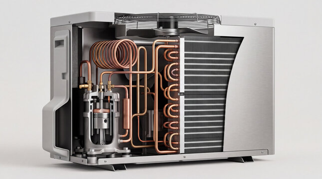 Cutaway view of residential air conditioner unit showing compressor, copper coils and condenser components