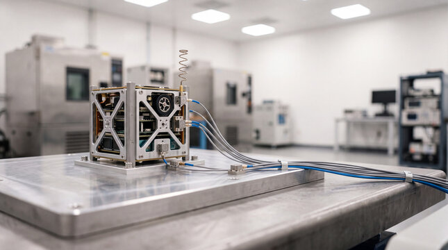 Cubesat satellite prototype on test table in cleanroom laboratory with data cables and antenna