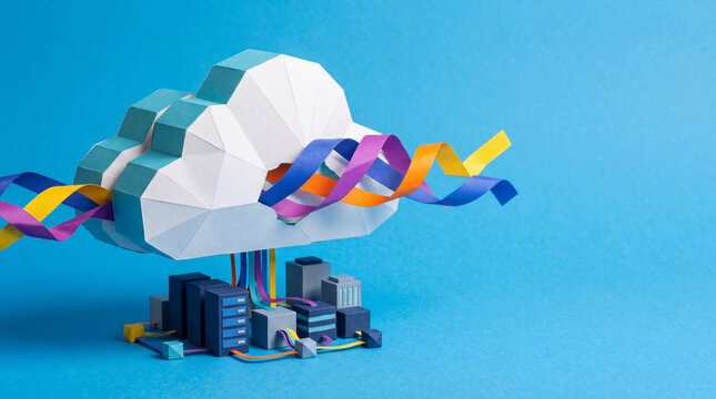Paper craft cloud with colorful data streams connecting to server racks and network infrastructure