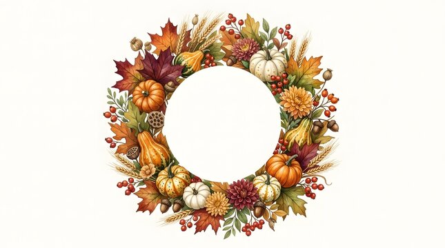 A beautiful and festive autumn wreath featuring vibrant fall leaves, assorted pumpkins, golden wheat, bright red berries, and flowers framing a blank circular central space.
