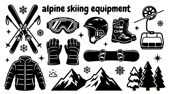 alpine skiing equipment featuring skis poles goggles helmets snow boots gloves ski jackets mountain passes chairlifts snowboards and winter vector illustration set for winter sport resorts outdoor