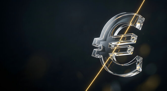 3D Glass Euro Symbol with Glowing Golden Laser Line for Digital Finance and Fintech Concept