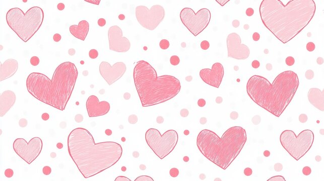 Pink hearts and dots seamless pattern on white background