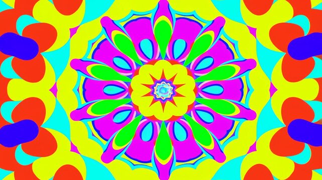 Colorful kaleidoscope patterns morph in a symmetrical psychedelic digital space. Concert screen content, festival projection, and dance performance.