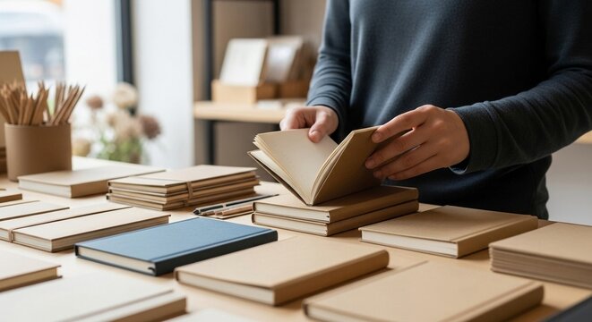 Person browsing a collection of handcrafted books on a wooden table, offering a glimpse into literary arts and knowledge.