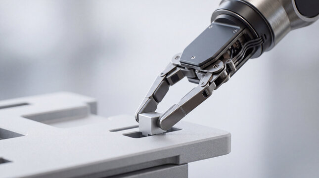 Robotic arm gripper placing component in industrial assembly line for precision automation and manufacturing