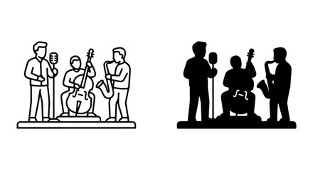 Fototapeta premium Jazz Band Icons, Music Ensemble Vector Graphics, Live Performance Line Art and Silhouette