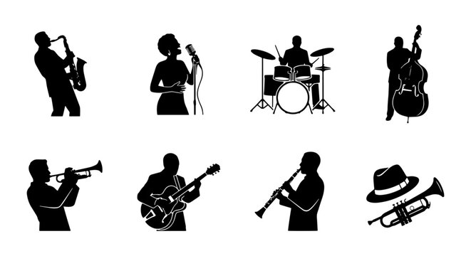 Jazz Musicians Silhouette Collection, Diverse Ensemble Vector Icons, Musical Performance Graphics