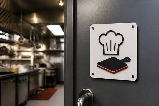 A close-up of a white chef hat and cutting board icon sticker on a dark gray door in a commercial kitchen.