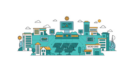 Fototapeta premium Smart Micro-Grid Concept with Solar Panels and Sustainable Urban Buildings Vector Illustration