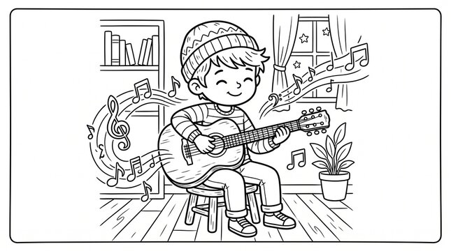 Child Playing Guitar in Cozy Living Room.