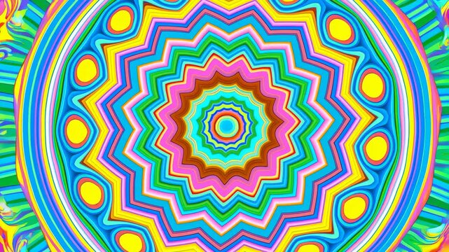 Colorful kaleidoscope pattern morphs through concentric radial bands across an abstract frame. Event screen graphics, meditation media, and social media.