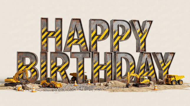 Heavy industrial steel Happy Birthday letters with hazard warning stripes surrounded by toy excavators and dump trucks in sand.