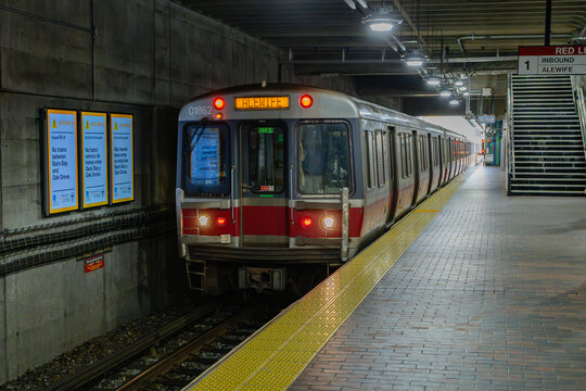 Boston, Massachusetts, USA -August 16, 2026 : Red Line train stopped at Quincy Station is a rapid transit station inBoston, Massachusetts. It serves the MBTA public transit system.