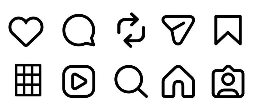 Set of various interface icons isolated on transparent background. Social media UI elements representing navigation, interaction, communication, engagement and digital content