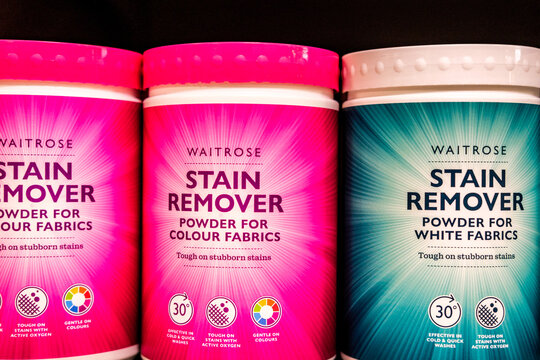 Close-Up Shot Of Waitrose White Fabric And Colour Fabric Stain Removal Laundry Products
