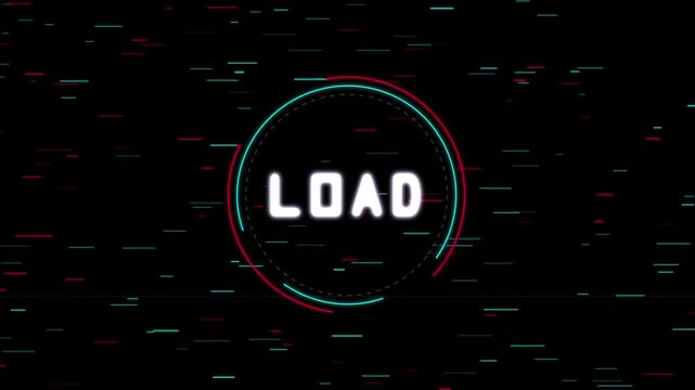Digital Loading Screen Animation with Glitch Effect and Glowing Circular Interface Element Display
