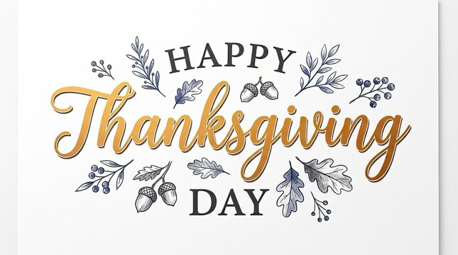 Watercolor happy thanksgiving day typography with autumn leaves and floral elements